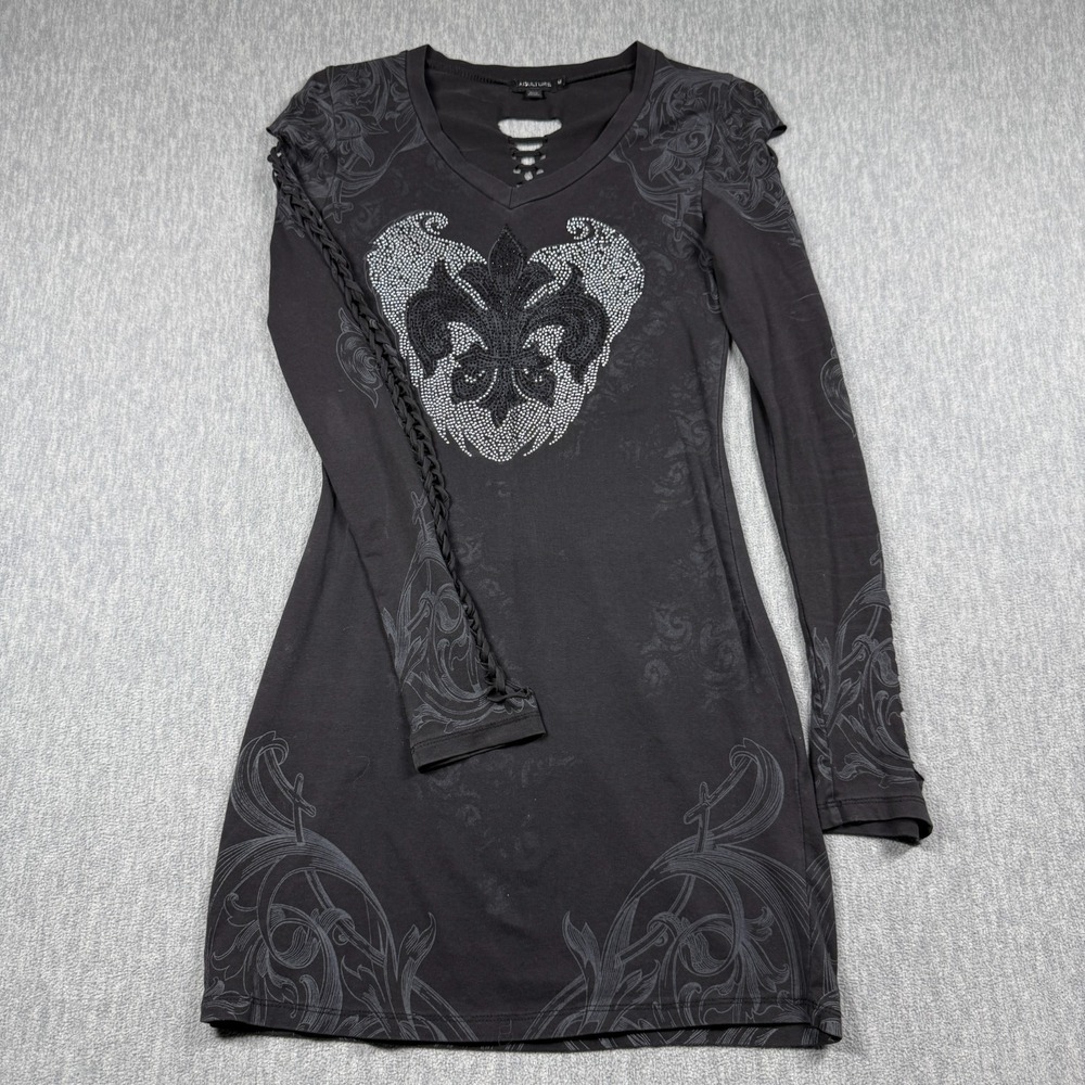 Aculture Dress Womens M Gray Fleur De Lis Rhinestone Y2K Long Sleeve Biker Dress